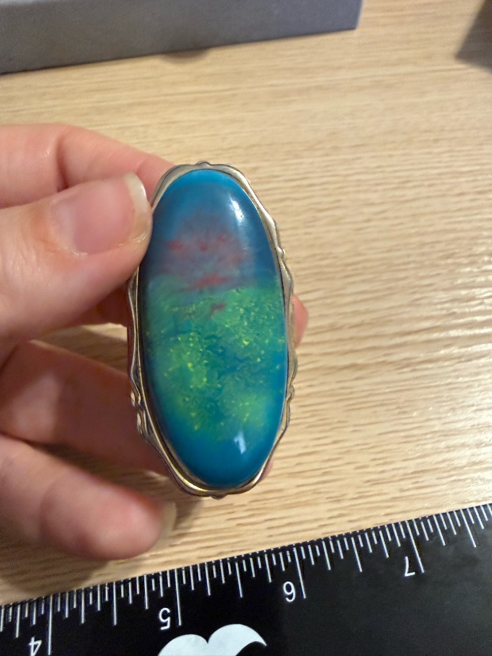 Vintage Japan‎ Art Glass Lipstick Holder Blue Green Red Cabochon Silver Tone